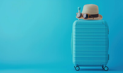 Summer vacation and travel concept. Luggage hat and sunglasses.  Pink and blue background with empty space. Shadow of a palm tree on background. 