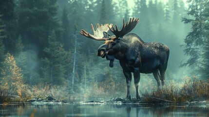 A moose is in a river in a natural landscape with trees