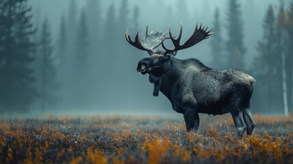 Obraz premium A moose stands in a field surrounded by trees, showcasing natural landscape