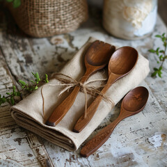 Rustic Wooden Spoons on Linen Cloth