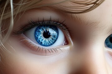 A stunning close-up of a childs blue eye, capturing the depth and beauty of their gaze. Generative AI