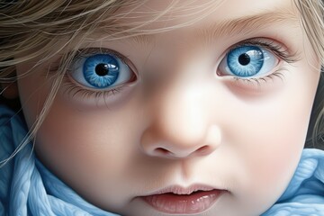 A captivating close up of a child with mesmerizing blue eyes, reflecting purity and wonder. Generative AI