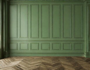 Modern classic green empty interior with wall panels and wooden floor. 3d render illustratio. Generative AI.