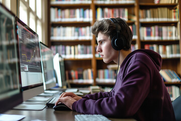 Student Studying in Library with Headphones