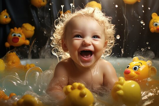 A baby joyfully splashes water in a bathtub, surrounded by a collection of vibrant rubber ducks in various sizes and colors. Generative AI