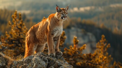 Felidae carnivore cat standing on rocky hill in natural landscape - obrazy, fototapety, plakaty