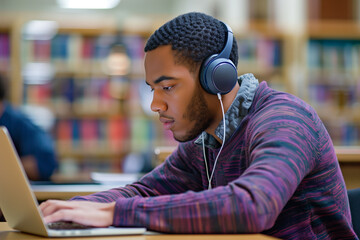 Student Studying with Headphones in Library