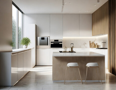 Modern Contemporary kitchen room interior .white and wood material 3d render. Generative AI.