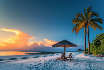 Relaxing view at sunset on a tropical beach with palms and umbrellas. Beautiful sun set. Summer...