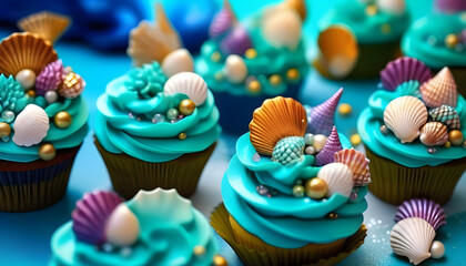A close-up of mermaid themed cupcakes with blue frosting and seashell decorations - obrazy, fototapety, plakaty
