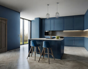 Modern dark blue kitchen and minimalist interior design.3d rendering. Generative AI.