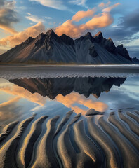 Vestrahorn mountaine on Stokksnes cape in Iceland during sunset with reflection. - obrazy, fototapety, plakaty