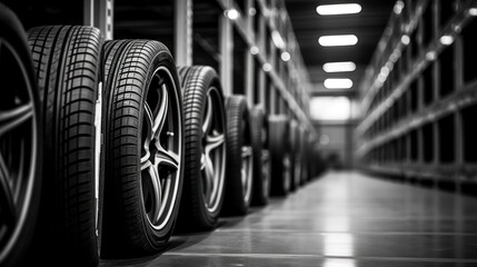Car tires in a warehouse, close-up. Auto service industry