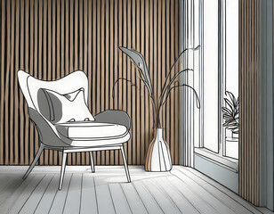 Modern design interior with armchair and wood slat walls in one continuous line drawing. Generative AI.