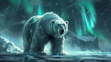 Raamstickers Polar bear enjoys the aurora borealis in snowy landscape © yuchen