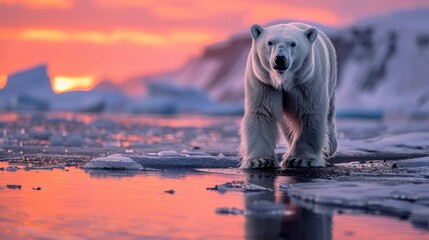 Polar bear in liquid at sunset, carnivore in natural Arctic landscape - obrazy, fototapety, plakaty