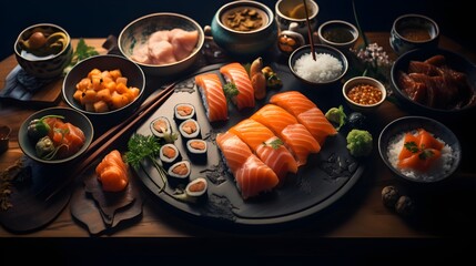 Top view Japanese food beautiful and delicious, Generative AI