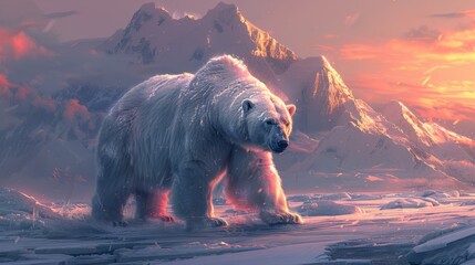Polar bear roams snowy landscape with mountains in background - obrazy, fototapety, plakaty