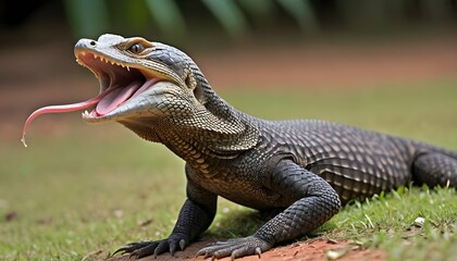A Monitor Lizard With Its Tongue Flicking Out Sen - obrazy, fototapety, plakaty