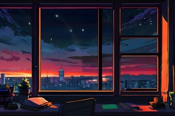 Naklejka premium Window view of a city at night. Lofi, anime, manga style. Desk to study. Chill, cozy, comfortable room. Messy place. Relaxed colorful appartment, tranquil digital painting. 4k wallpaper, Generative AI
