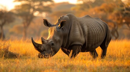 A White rhinoceros stands in tall grass in its natural environment