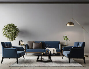 modern living room mock up with dark blue sofa, armchairs near coffee table, modern rug. Generative AI.