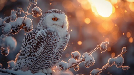 A snowy owl perched on a snowcovered branch, a majestic bird of prey