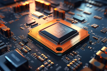 A powerful computer processor or chip on a motherboard. Modern technologies.	