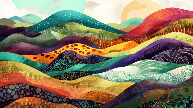 A kaleidoscope of Earth's textures - from pebbled beaches to rocky cliffs to lush meadows - come together in a stunning abstract illustration celebrating the beauty of our planet