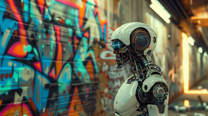 A sentient robot contemplating the vibrant graffiti on the front wall of the empty interior, its...
