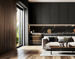 Modern, black minimalist interior with kitchen, sofa, wood floor, wall panels and marble. Generative AI.