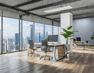  New glass concrete office interior with city view, daylight, wooden floor furniture and equi. Generative AI.