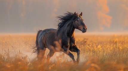 Obraz na płótnie Canvas A black horse gallops through a grassy field under the blue sky