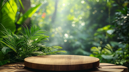 Wood podium table top floor in outdoors tropical garden forest blurred green leaf plant nature...