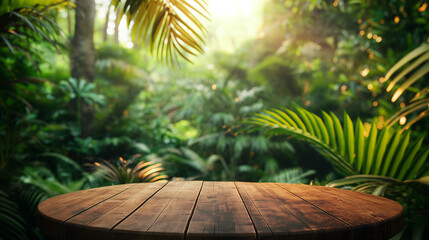 Wood podium table top floor in outdoors tropical garden forest blurred green leaf plant nature...