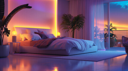 luxurious bed room with summer theme in the night with dreamy light