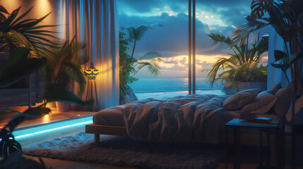 Fototapeta premium luxurious bed room with summer beach theme in the night with dreamy light