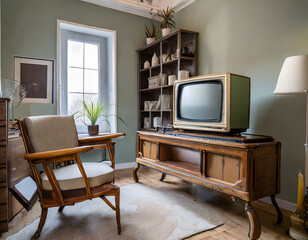 Retro living room design with old television  cabinet and radio along with work area. Generative AI.