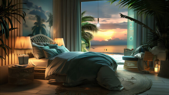 luxurious bed room with summer beach theme in the night with dreamy light