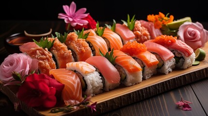 High-quality image of sushi varieties on a wooden board, stock photo with simple composition