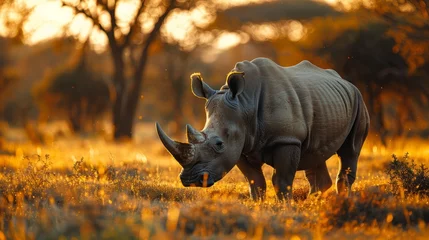 Fotobehang Black rhinoceros stand in grassy field, blending into natural landscape © yuchen