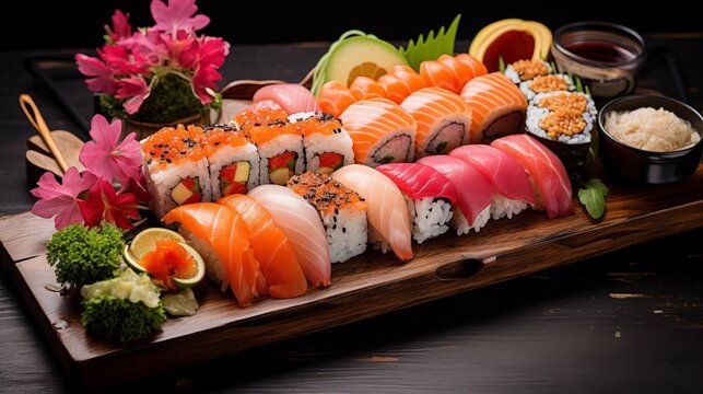 Photo of a sushi platter featuring assorted sushi types on a wooden board, high-resolution image