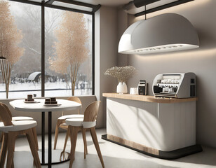 Small modern Korean style design cafe, glossy ivory white round corner counter, cake display....