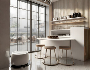Small modern Korean style design cafe, glossy ivory white round corner counter, cake display. Generative AI.