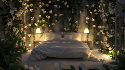 luxurious bed room with jasmine theme in the night with dreamy light