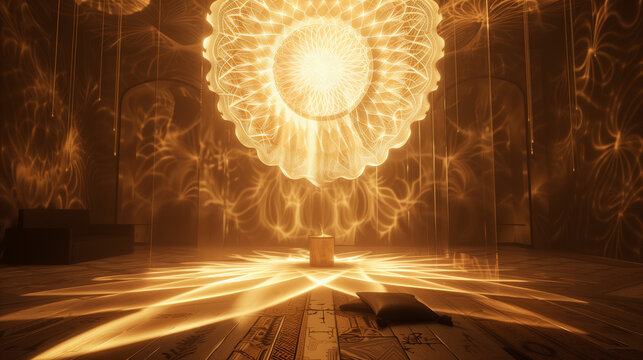 AI-generated fractal patterns emanate from the lamp, transforming the room into an otherworldly space of ethereal beauty
