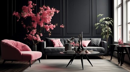 the interplay of colors and textures in a living room, featuring a black and pink table complemented by nature-inspired d?(C)cor