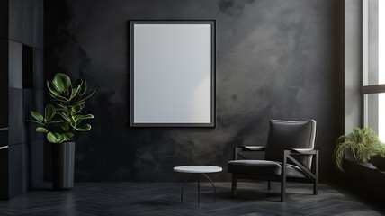 A 3D render of a blank canvas framed by modern décor, casting soft light in a dark room.