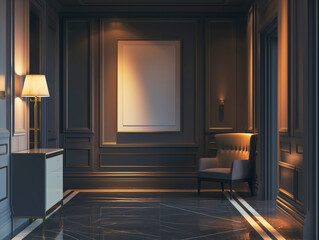 A solitary frame in a luxurious room, the soft lamp light enriching the classic elegance.