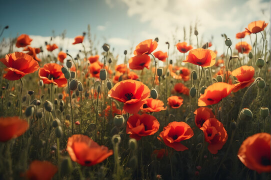 A stunning close-up of vivid red poppies with delicate textures against a peaceful blue sky